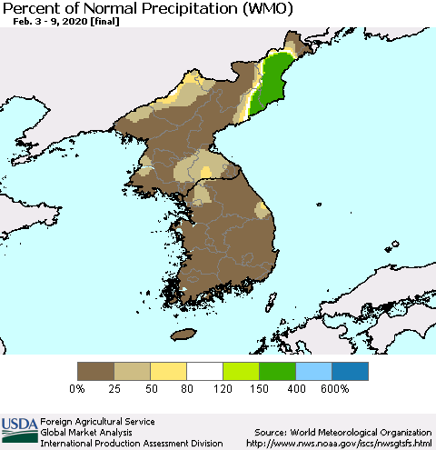 Korea Percent of Normal Precipitation (WMO) Thematic Map For 2/3/2020 - 2/9/2020