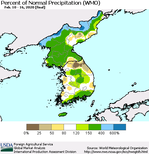 Korea Percent of Normal Precipitation (WMO) Thematic Map For 2/10/2020 - 2/16/2020