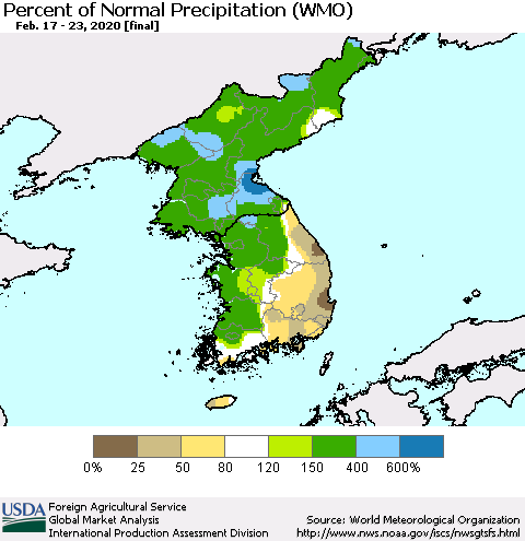 Korea Percent of Normal Precipitation (WMO) Thematic Map For 2/17/2020 - 2/23/2020