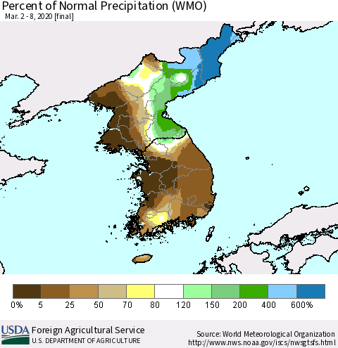 Korea Percent of Normal Precipitation (WMO) Thematic Map For 3/2/2020 - 3/8/2020