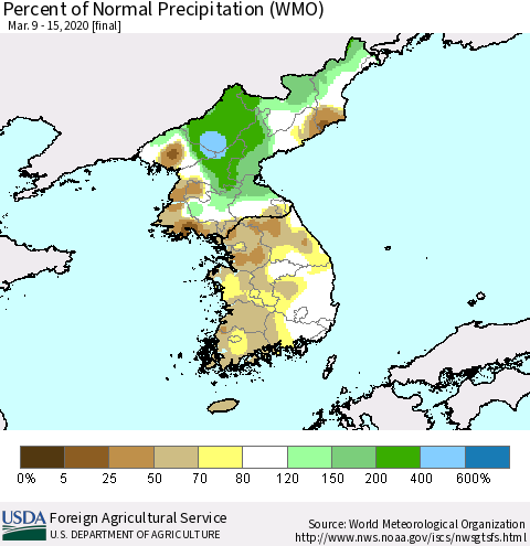 Korea Percent of Normal Precipitation (WMO) Thematic Map For 3/9/2020 - 3/15/2020