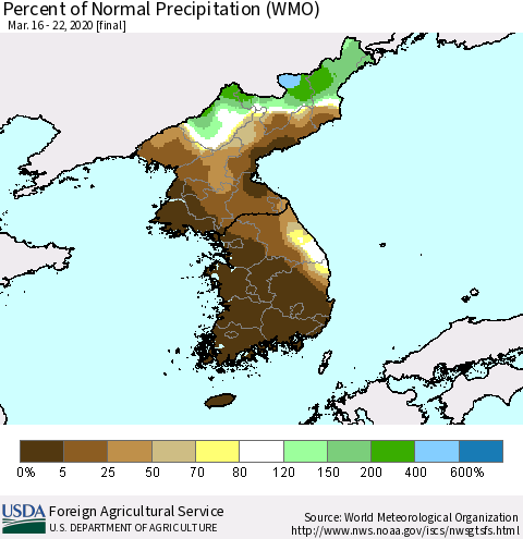 Korea Percent of Normal Precipitation (WMO) Thematic Map For 3/16/2020 - 3/22/2020