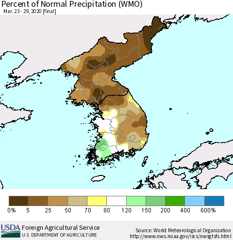 Korea Percent of Normal Precipitation (WMO) Thematic Map For 3/23/2020 - 3/29/2020