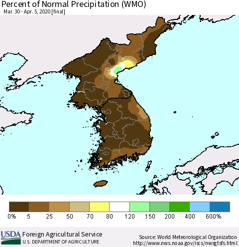 Korea Percent of Normal Precipitation (WMO) Thematic Map For 3/30/2020 - 4/5/2020