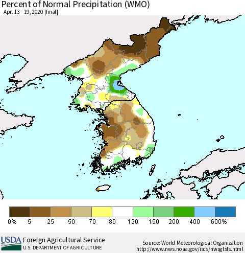 Korea Percent of Normal Precipitation (WMO) Thematic Map For 4/13/2020 - 4/19/2020