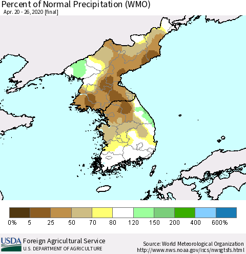 Korea Percent of Normal Precipitation (WMO) Thematic Map For 4/20/2020 - 4/26/2020