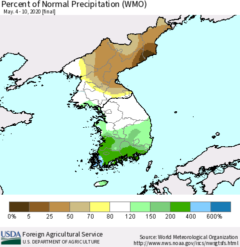 Korea Percent of Normal Precipitation (WMO) Thematic Map For 5/4/2020 - 5/10/2020