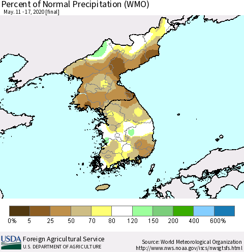 Korea Percent of Normal Precipitation (WMO) Thematic Map For 5/11/2020 - 5/17/2020