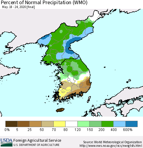 Korea Percent of Normal Precipitation (WMO) Thematic Map For 5/18/2020 - 5/24/2020
