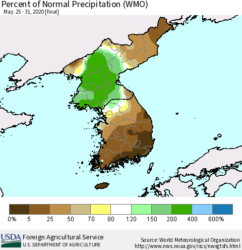 Korea Percent of Normal Precipitation (WMO) Thematic Map For 5/25/2020 - 5/31/2020