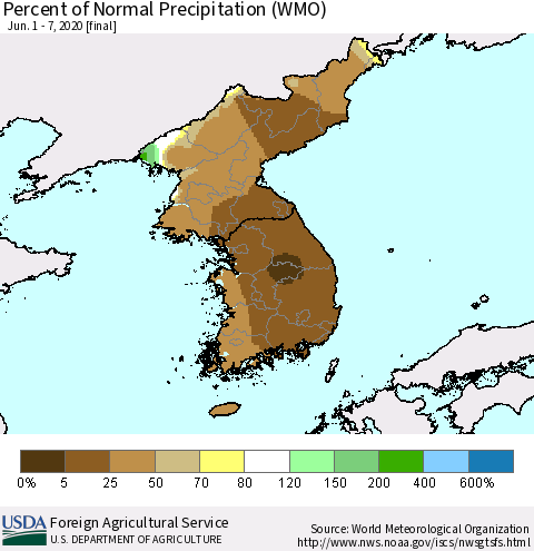 Korea Percent of Normal Precipitation (WMO) Thematic Map For 6/1/2020 - 6/7/2020