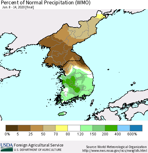 Korea Percent of Normal Precipitation (WMO) Thematic Map For 6/8/2020 - 6/14/2020