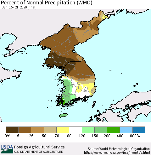 Korea Percent of Normal Precipitation (WMO) Thematic Map For 6/15/2020 - 6/21/2020