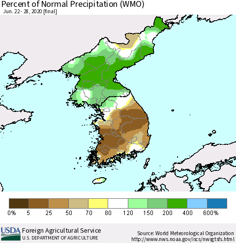 Korea Percent of Normal Precipitation (WMO) Thematic Map For 6/22/2020 - 6/28/2020