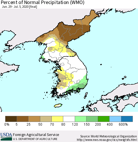 Korea Percent of Normal Precipitation (WMO) Thematic Map For 6/29/2020 - 7/5/2020