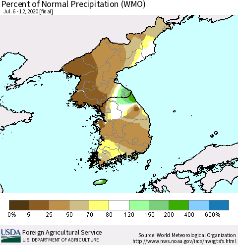 Korea Percent of Normal Precipitation (WMO) Thematic Map For 7/6/2020 - 7/12/2020