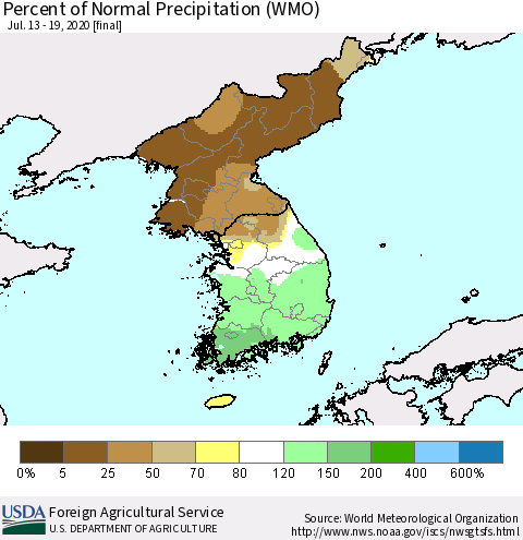 Korea Percent of Normal Precipitation (WMO) Thematic Map For 7/13/2020 - 7/19/2020