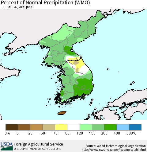 Korea Percent of Normal Precipitation (WMO) Thematic Map For 7/20/2020 - 7/26/2020
