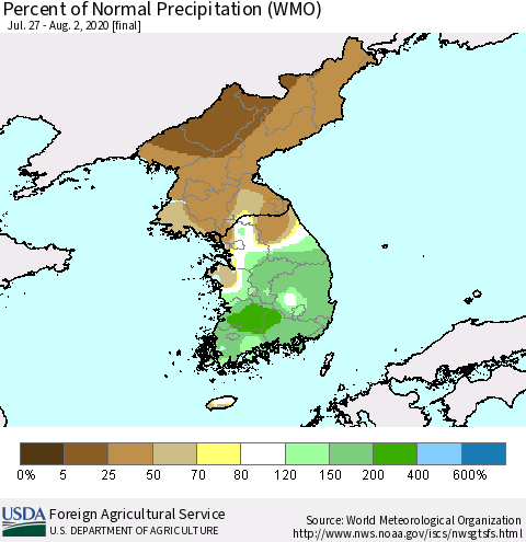 Korea Percent of Normal Precipitation (WMO) Thematic Map For 7/27/2020 - 8/2/2020