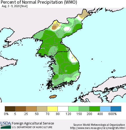 Korea Percent of Normal Precipitation (WMO) Thematic Map For 8/3/2020 - 8/9/2020