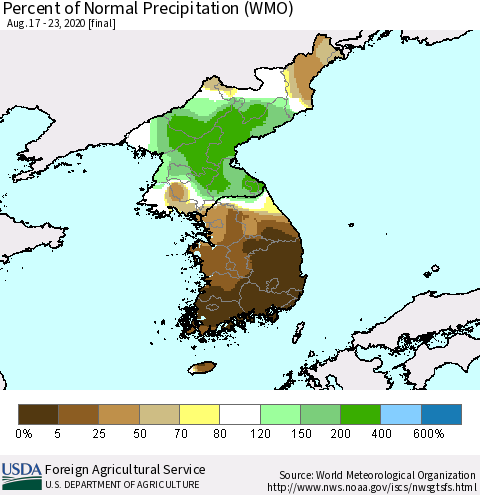 Korea Percent of Normal Precipitation (WMO) Thematic Map For 8/17/2020 - 8/23/2020