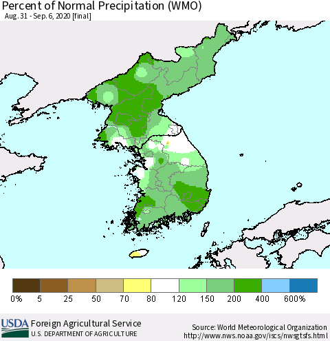 Korea Percent of Normal Precipitation (WMO) Thematic Map For 8/31/2020 - 9/6/2020