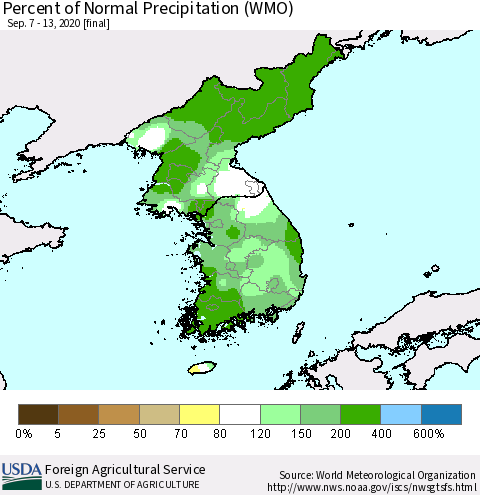 Korea Percent of Normal Precipitation (WMO) Thematic Map For 9/7/2020 - 9/13/2020