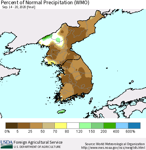 Korea Percent of Normal Precipitation (WMO) Thematic Map For 9/14/2020 - 9/20/2020