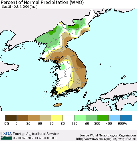 Korea Percent of Normal Precipitation (WMO) Thematic Map For 9/28/2020 - 10/4/2020