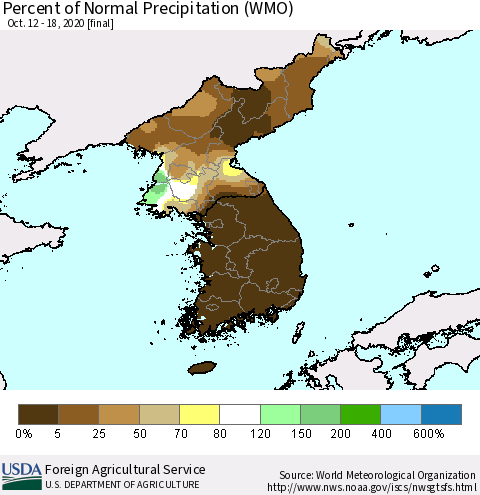 Korea Percent of Normal Precipitation (WMO) Thematic Map For 10/12/2020 - 10/18/2020