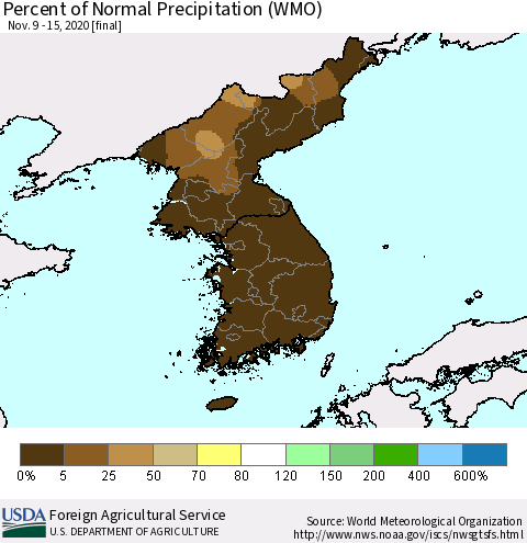 Korea Percent of Normal Precipitation (WMO) Thematic Map For 11/9/2020 - 11/15/2020