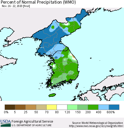 Korea Percent of Normal Precipitation (WMO) Thematic Map For 11/16/2020 - 11/22/2020