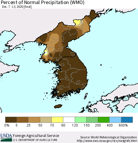 Korea Percent of Normal Precipitation (WMO) Thematic Map For 12/7/2020 - 12/13/2020