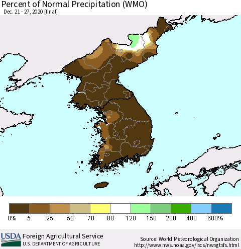Korea Percent of Normal Precipitation (WMO) Thematic Map For 12/21/2020 - 12/27/2020