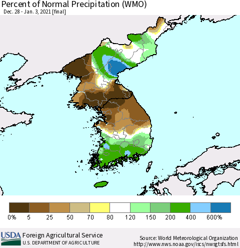Korea Percent of Normal Precipitation (WMO) Thematic Map For 12/28/2020 - 1/3/2021