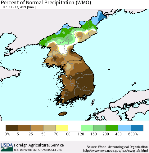 Korea Percent of Normal Precipitation (WMO) Thematic Map For 1/11/2021 - 1/17/2021