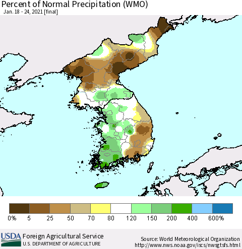 Korea Percent of Normal Precipitation (WMO) Thematic Map For 1/18/2021 - 1/24/2021