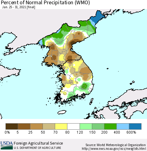 Korea Percent of Normal Precipitation (WMO) Thematic Map For 1/25/2021 - 1/31/2021