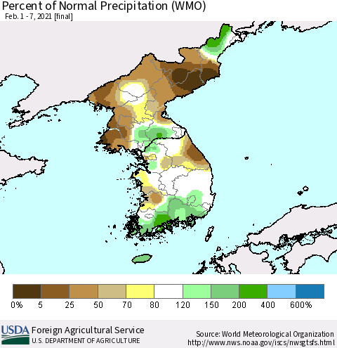 Korea Percent of Normal Precipitation (WMO) Thematic Map For 2/1/2021 - 2/7/2021