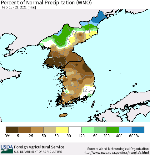Korea Percent of Normal Precipitation (WMO) Thematic Map For 2/15/2021 - 2/21/2021
