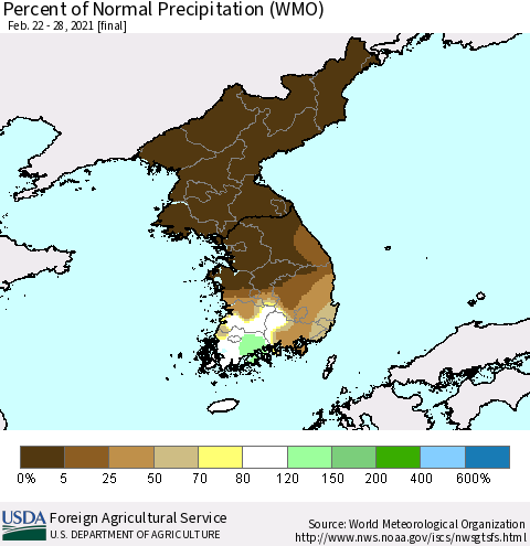 Korea Percent of Normal Precipitation (WMO) Thematic Map For 2/22/2021 - 2/28/2021