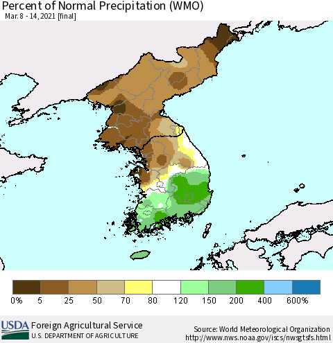 Korea Percent of Normal Precipitation (WMO) Thematic Map For 3/8/2021 - 3/14/2021