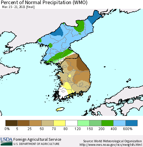 Korea Percent of Normal Precipitation (WMO) Thematic Map For 3/15/2021 - 3/21/2021