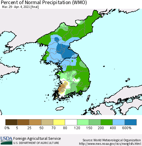 Korea Percent of Normal Precipitation (WMO) Thematic Map For 3/29/2021 - 4/4/2021