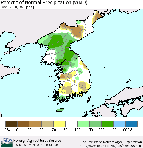 Korea Percent of Normal Precipitation (WMO) Thematic Map For 4/12/2021 - 4/18/2021
