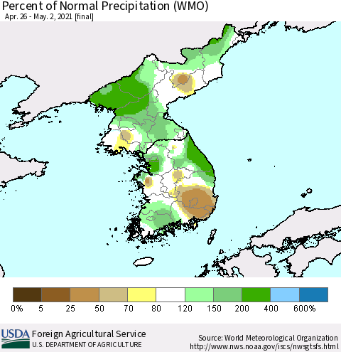 Korea Percent of Normal Precipitation (WMO) Thematic Map For 4/26/2021 - 5/2/2021