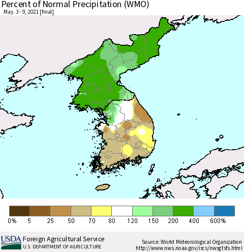 Korea Percent of Normal Precipitation (WMO) Thematic Map For 5/3/2021 - 5/9/2021