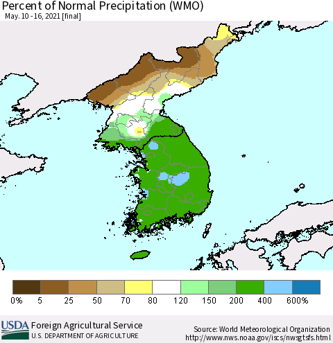 Korea Percent of Normal Precipitation (WMO) Thematic Map For 5/10/2021 - 5/16/2021