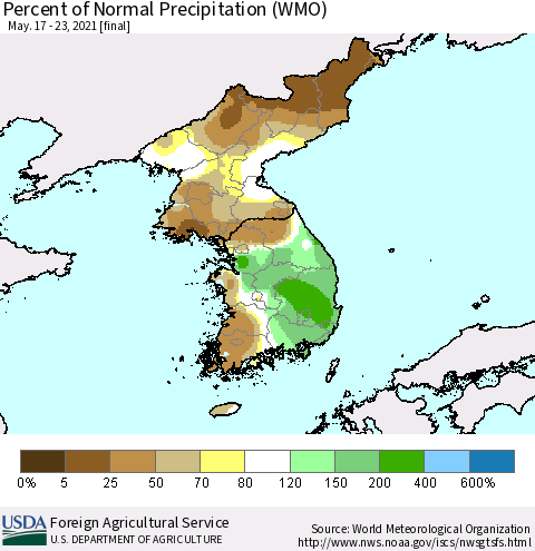 Korea Percent of Normal Precipitation (WMO) Thematic Map For 5/17/2021 - 5/23/2021
