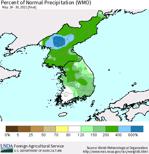 Korea Percent of Normal Precipitation (WMO) Thematic Map For 5/24/2021 - 5/30/2021